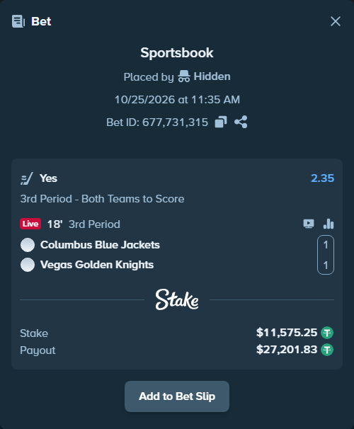 Bet slip: Columbus Blue Jackets - Vegas Golden Knights, $11,586.82 stake at 2.35 odds, placed by Hidden