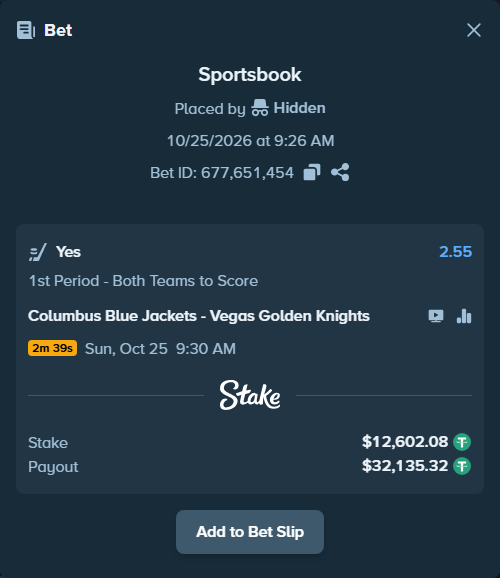 Bet slip: Columbus Blue Jackets - Vegas Golden Knights, $12,614.69 stake at 2.55 odds, placed by Hidden