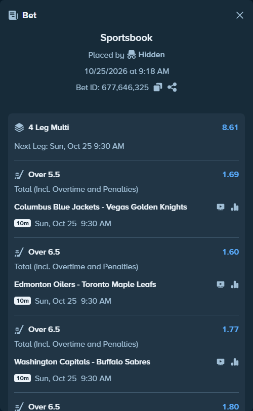 Bet slip: Columbus Blue Jackets - Vegas Golden Knights, $23,874.00 stake at 1.69 odds, placed by Hidden