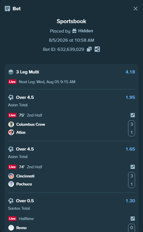 Bet slip: Columbus Crew - Atlas, $170,907.72 stake at 1.95 odds, placed by Hidden