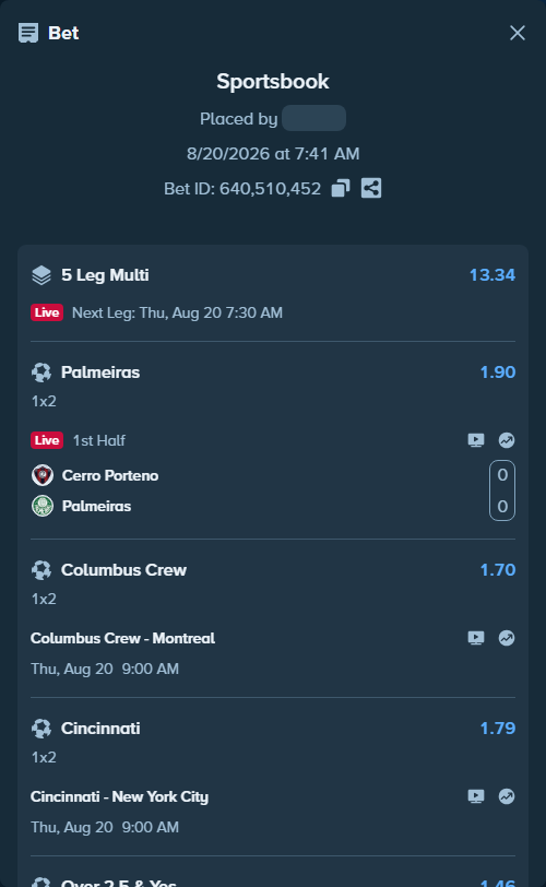 Bet slip: Columbus Crew - Montreal, $10,004.00 stake at 1.70 odds, placed by fMuNzI796