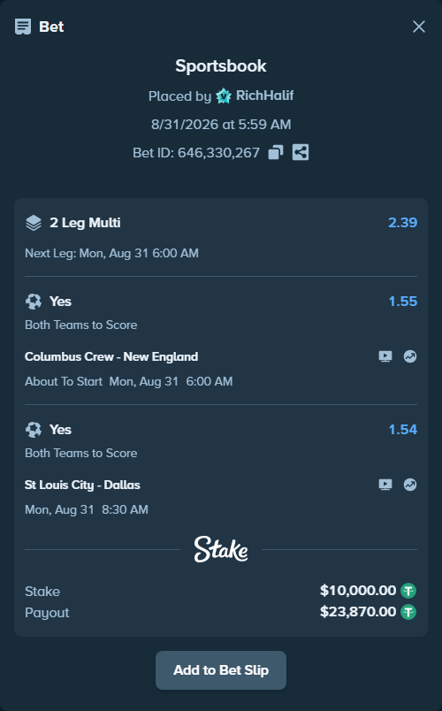 Bet slip: Columbus Crew - New England, $10,000.00 stake at 1.55 odds, placed by RichHalif