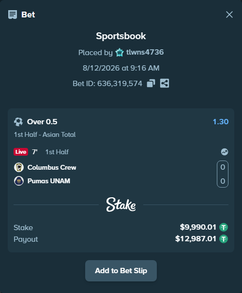 Bet slip: Columbus Crew - Pumas UNAM, $10,000.00 stake at 1.30 odds, placed by tlwns4736