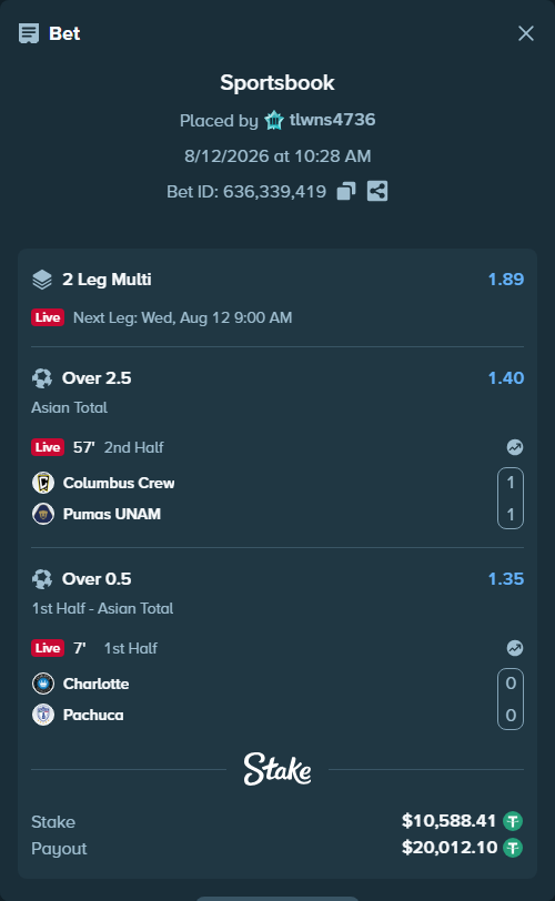 Bet slip: Columbus Crew - Pumas UNAM, $10,599.00 stake at 1.40 odds, placed by tlwns4736