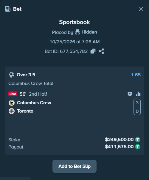 Bet slip: Columbus Crew - Toronto, $249,749.50 stake at 1.65 odds, placed by Hidden