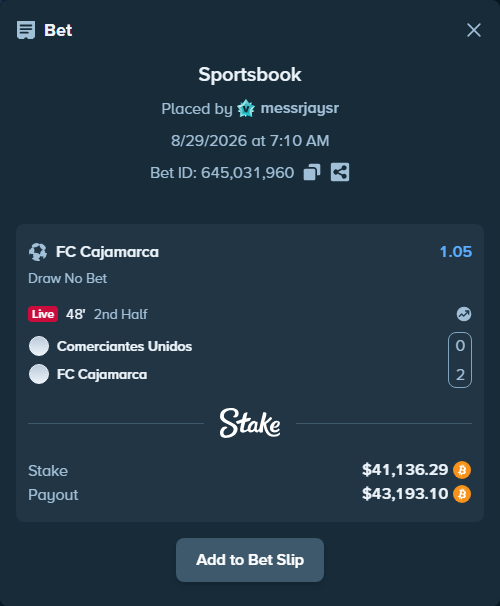 Bet slip: Comerciantes Unidos - FC Cajamarca, $41,323.70 stake at 1.05 odds, placed by messrjaysr