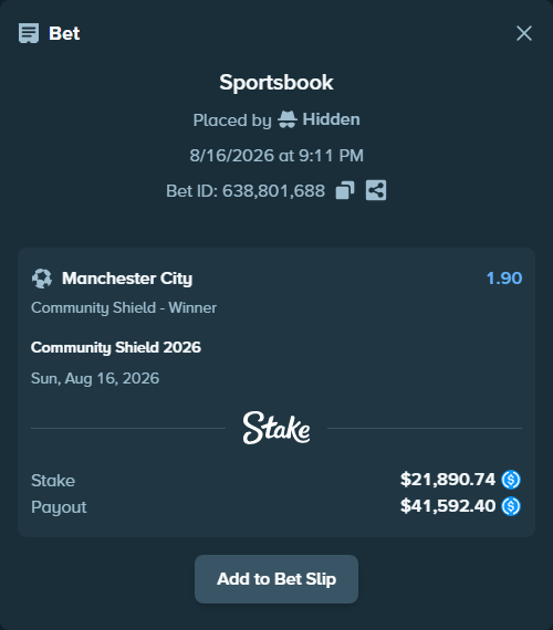 Bet slip: Community Shield 2026, $21,890.74 stake at 1.90 odds, placed by Hidden