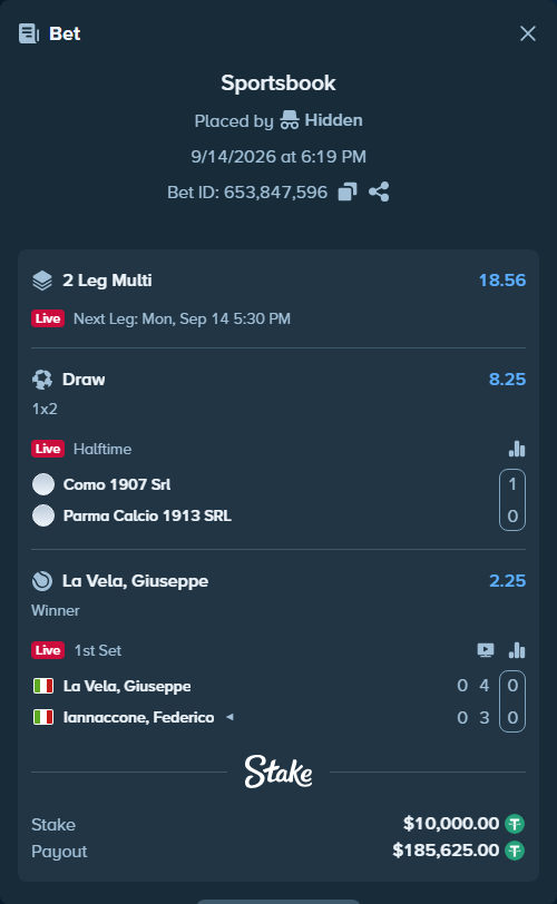 Bet slip: Como 1907 Srl - Parma Calcio 1913 SRL, $10,000.00 stake at 8.25 odds, placed by Hidden