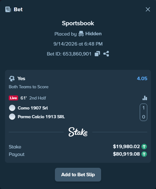 Bet slip: Como 1907 Srl - Parma Calcio 1913 SRL, $20,000.00 stake at 4.05 odds, placed by Hidden