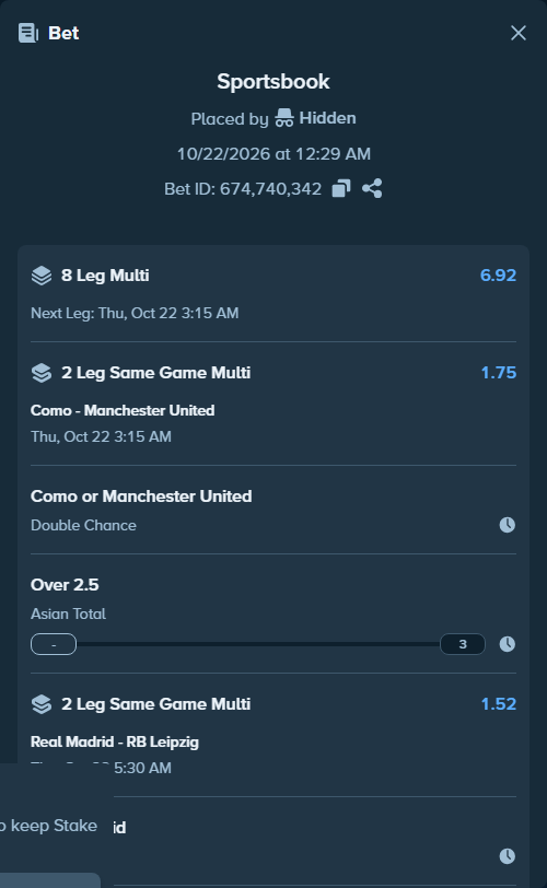 Bet slip: Como - Manchester United, $10,010.00 stake at 1.29 odds, placed by TonyJaaVIP