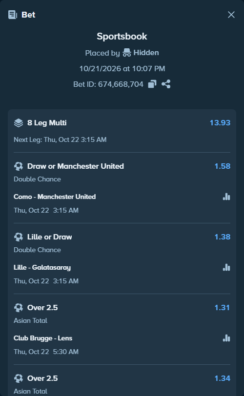 Bet slip: Como - Manchester United, $230,000.00 stake at 1.58 odds, placed by Hidden