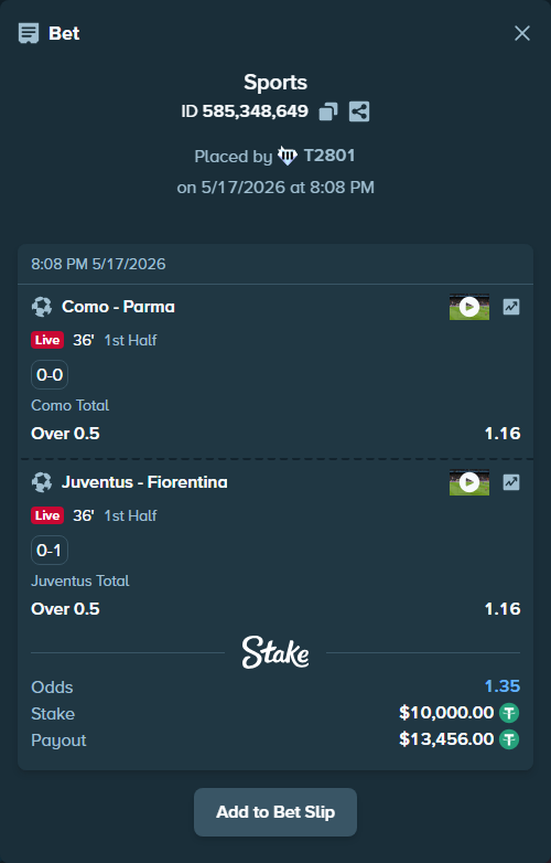 Bet slip: Como - Parma, $10,000.00 stake at 1.16 odds, placed by T2801