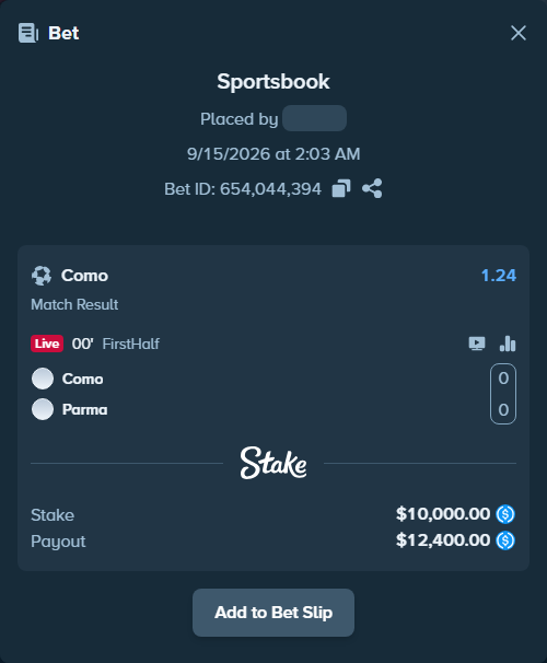 Bet slip: Como - Parma, $10,000.00 stake at 1.24 odds, placed by Andremila