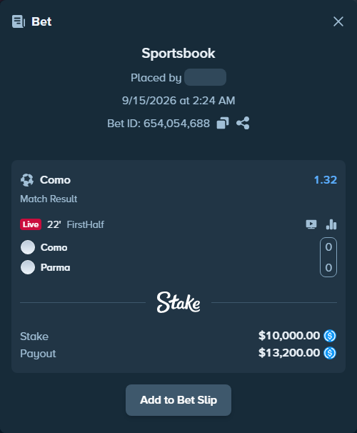 Bet slip: Como - Parma, $10,000.00 stake at 1.32 odds, placed by Hoggtann