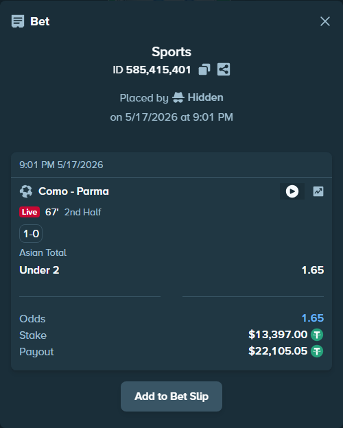 Bet slip: Como - Parma, $13,397.00 stake at 1.65 odds, placed by sp4ceship