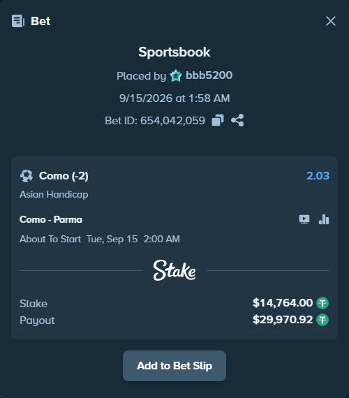 Bet slip: Como - Parma, $14,764.00 stake at 2.03 odds, placed by bbb5200