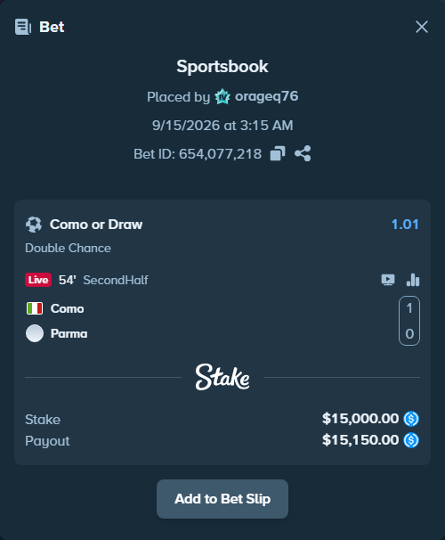 Bet slip: Como - Parma, $15,000.00 stake at 1.01 odds, placed by orageq76