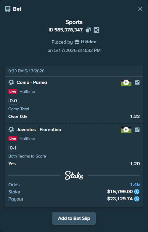 Bet slip: Como - Parma, $15,799.00 stake at 1.22 odds, placed by Hidden
