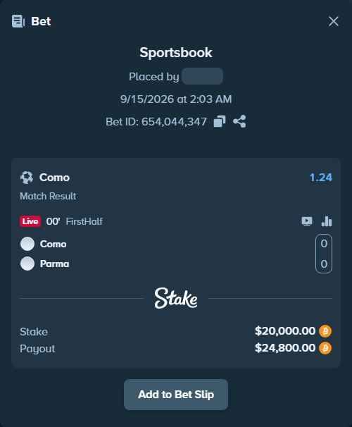 Bet slip: Como - Parma, $19,813.77 stake at 1.24 odds, placed by Espnik
