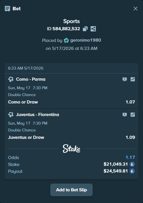 Bet slip: Como - Parma, $16,667.53 stake at 1.07 odds, placed by geronimo1980