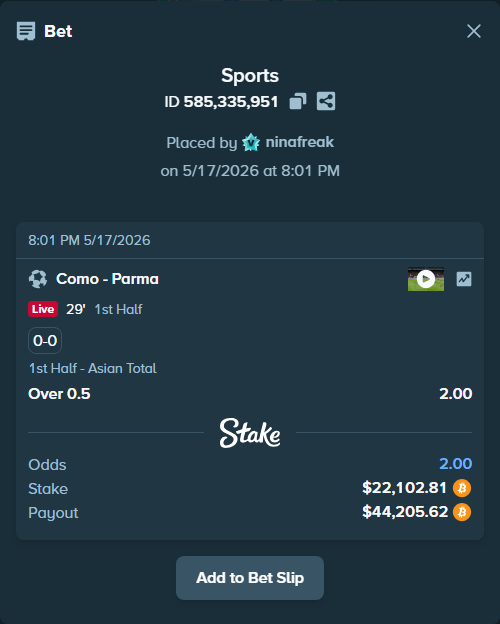Bet slip: Como - Parma, $18,102.78 stake at 2.00 odds, placed by ninafreak