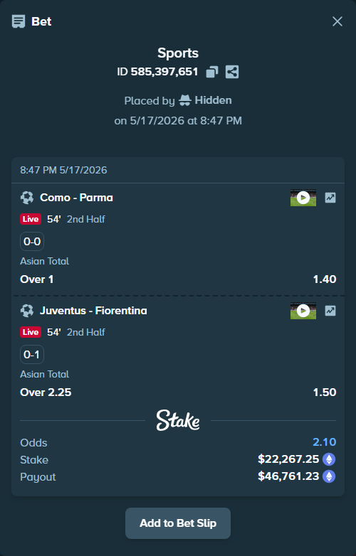 Bet slip: Como - Parma, $17,623.67 stake at 1.40 odds, placed by Hidden