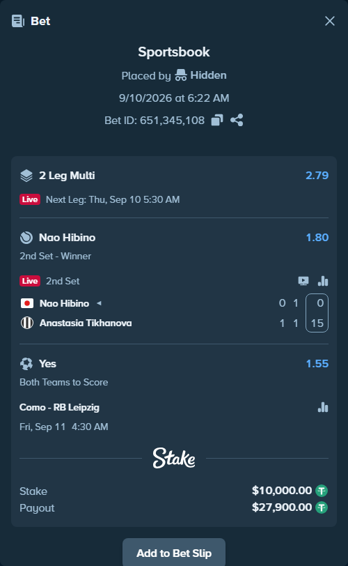Bet slip: Como - RB Leipzig, $10,000.00 stake at 1.55 odds, placed by Hidden