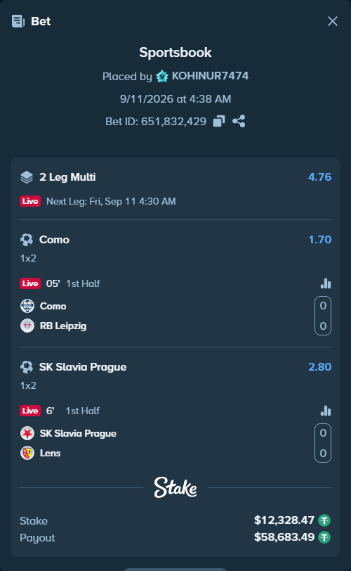 Bet slip: Como - RB Leipzig, $12,326.00 stake at 1.70 odds, placed by KOHINUR7474