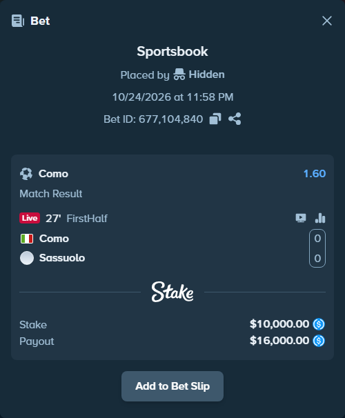 Bet slip: Como - Sassuolo, $10,000.00 stake at 1.60 odds, placed by martinesor
