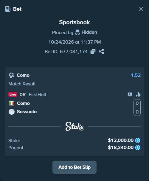 Bet slip: Como - Sassuolo, $12,000.00 stake at 1.52 odds, placed by Storestorm