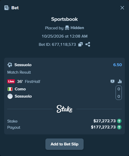 Bet slip: Como - Sassuolo, $27,300.00 stake at 6.50 odds, placed by TheEarlinGrey
