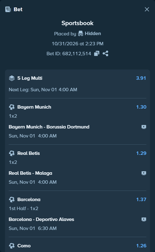 Bet slip: Como - Venezia FC, $10,000.00 stake at 1.26 odds, placed by Hidden