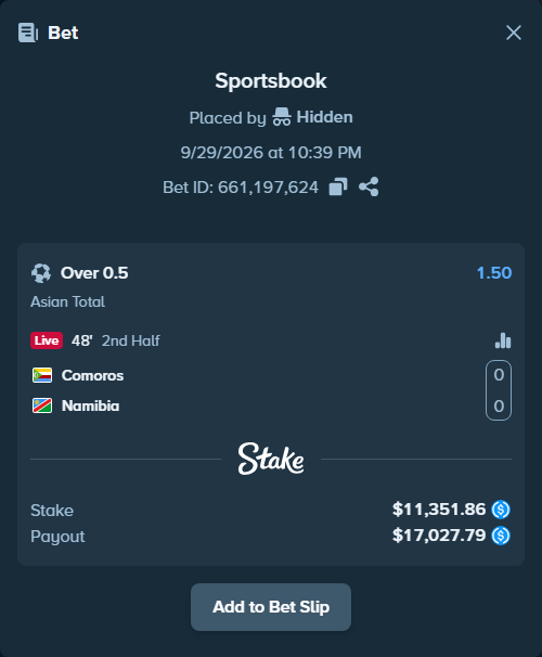 Bet slip: Comoros - Namibia, $11,351.86 stake at 1.50 odds, placed by Adrenaline77
