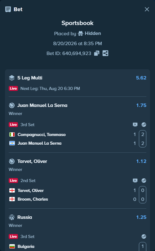 Bet slip: Compagnucci, Tommaso - Juan Manuel La Serna, $23,000.00 stake at 1.75 odds, placed by Hidden