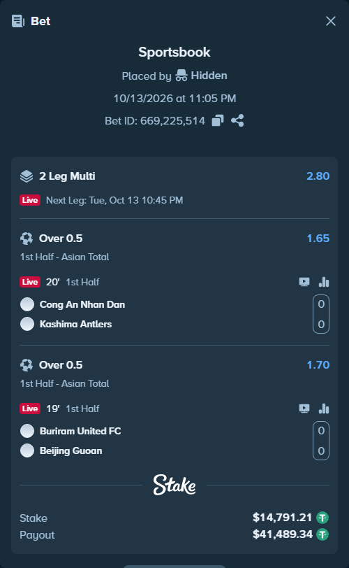 Bet slip: Cong An Ha Noi FC - Kashima Antlers, $14,806.00 stake at 1.65 odds, placed by Hidden