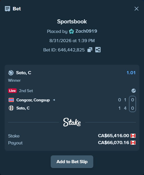 Bet slip: Congcar, Congsup - Sato, C, $48,407.84 stake at 1.01 odds, placed by Zach0919
