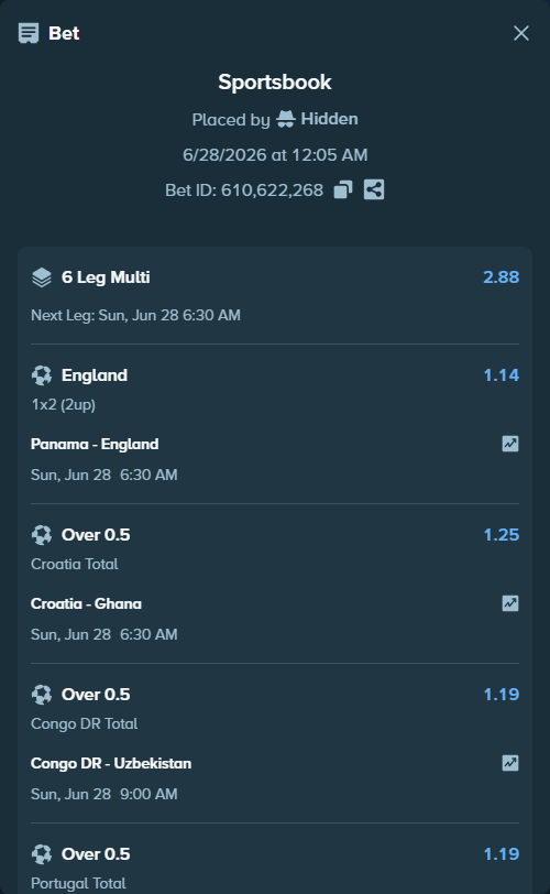 Bet slip: Congo DR - Uzbekistan, $10,000.00 stake at 1.19 odds, placed by Hidden