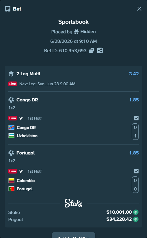Bet slip: Congo DR - Uzbekistan, $10,011.00 stake at 1.85 odds, placed by Hidden