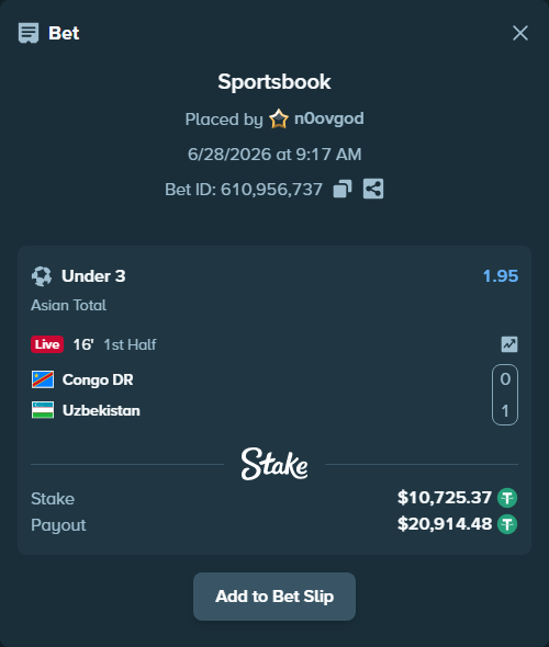 Bet slip: Congo DR - Uzbekistan, $10,736.10 stake at 1.95 odds, placed by n0ovgod