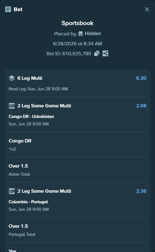 Bet slip: Congo DR - Uzbekistan, $13,922.25 stake at 1.66 odds, placed by Hidden