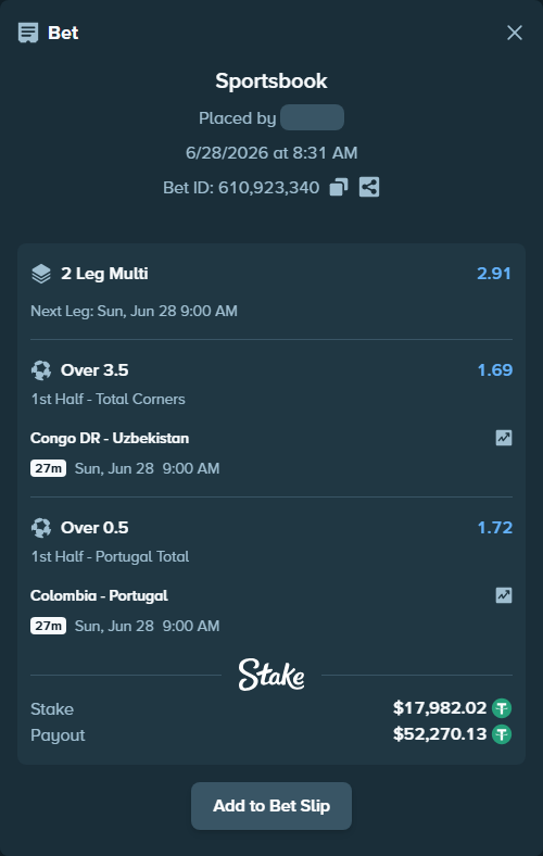 Bet slip: Congo DR - Uzbekistan, $18,000.00 stake at 1.69 odds, placed by Kaidou827