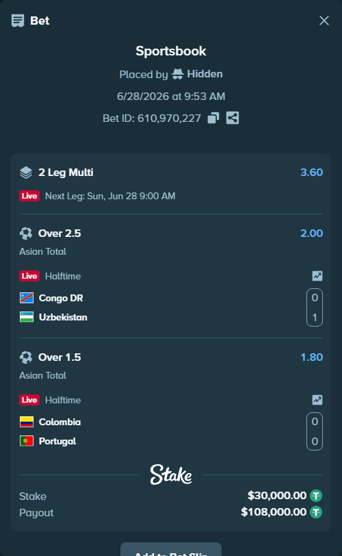 Bet slip: Congo DR - Uzbekistan, $30,030.00 stake at 2.00 odds, placed by Hidden