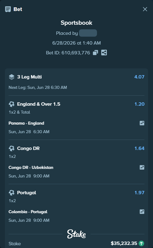 Bet slip: Congo DR - Uzbekistan, $35,267.59 stake at 1.64 odds, placed by Bigfoltz