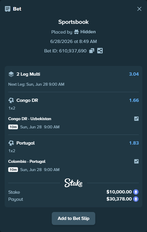 Bet slip: Congo DR - Uzbekistan, $11,136.44 stake at 1.66 odds, placed by Hidden