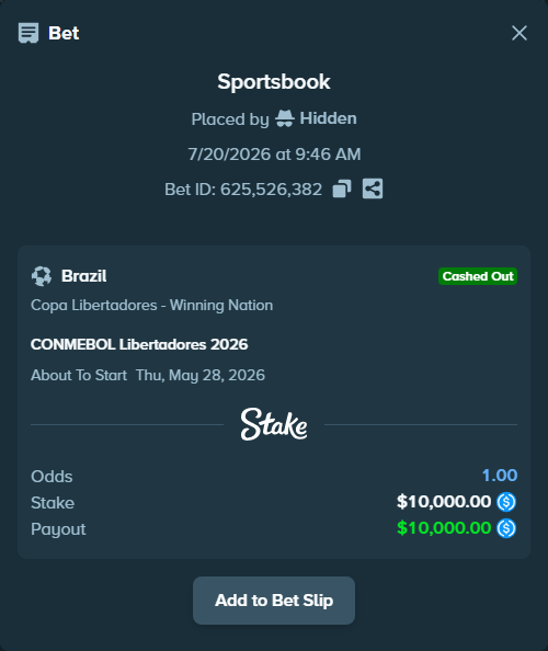 Bet slip: CONMEBOL Libertadores 2026, $10,000.00 stake at 1.10 odds, placed by Hidden