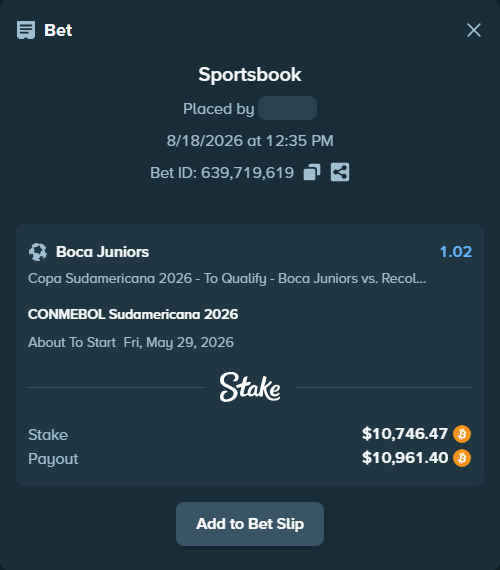 Bet slip: CONMEBOL Sudamericana 2026, $10,792.52 stake at 1.02 odds, placed by mousser