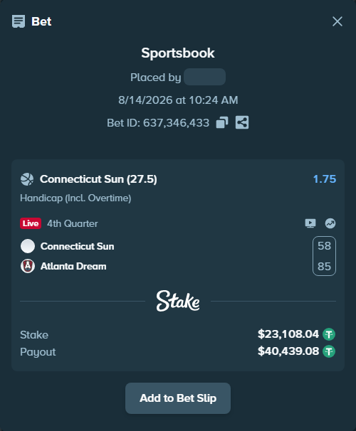 Bet slip: Connecticut Sun - Atlanta Dream, $23,131.15 stake at 1.75 odds, placed by xx520