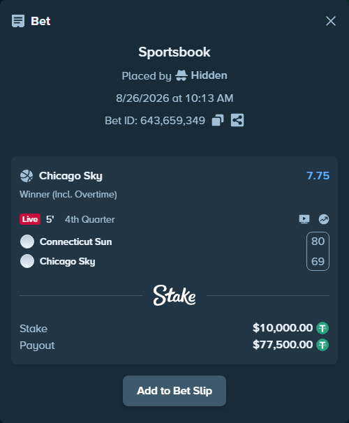 Bet slip: Connecticut Sun - Chicago Sky, $10,000.00 stake at 7.75 odds, placed by Hidden