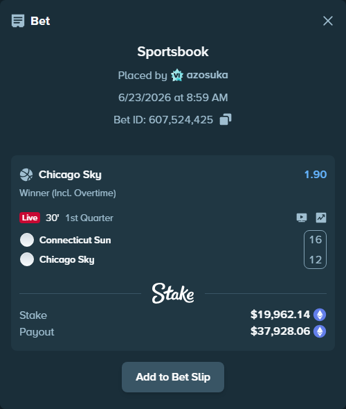 Bet slip: Connecticut Sun - Chicago Sky, $22,068.88 stake at 1.90 odds, placed by azosuka