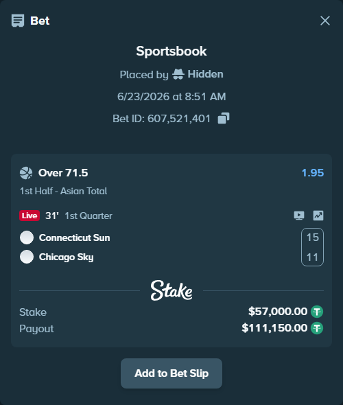 Bet slip: Connecticut Sun - Chicago Sky, $57,057.00 stake at 1.95 odds, placed by Hidden